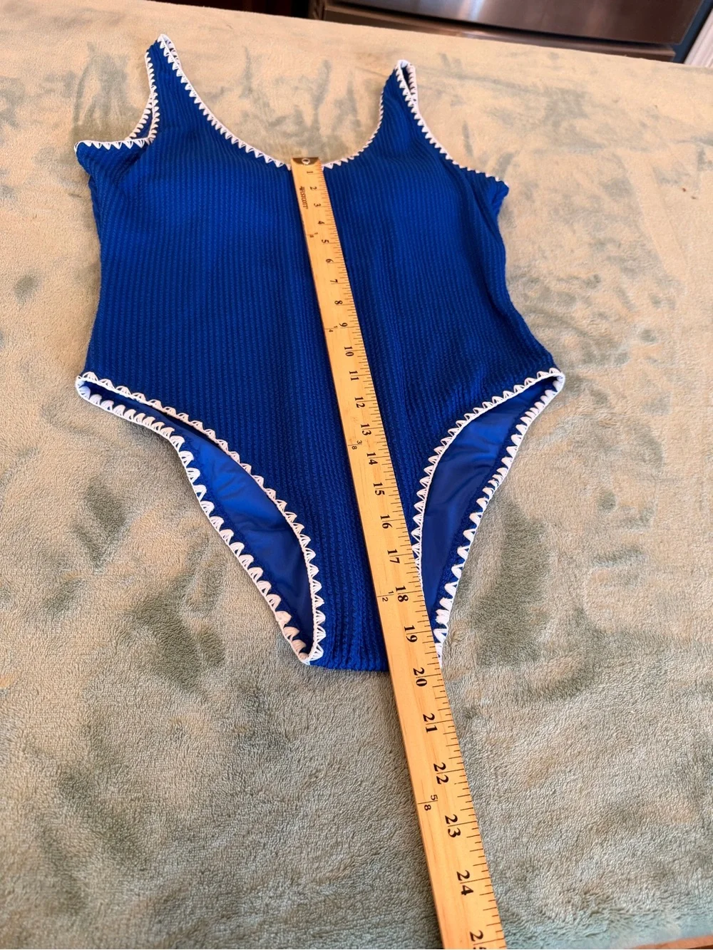 Betsey Johnson Women’s Large Blue One Piece Swimsuit White Trim Textured